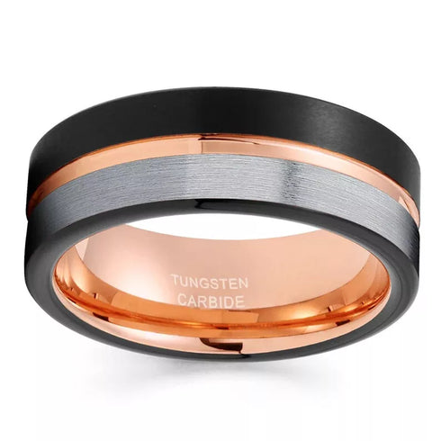Men 8mm Tungsten Black Silver WRose Gold Grooved Line Comfort-Fit Wedding Band